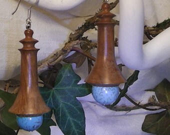 Briar wood turned, Pearl Earrings turquoise with silver &quot;Softened&quot;