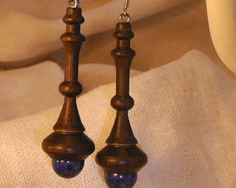 Earrings made of turned rosewood with inclusion Lapis Lasuli beads on silver mount "Hanger"