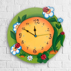 Handpainted wooden Kid's wall clock ladybugs - Children's Gift - silent