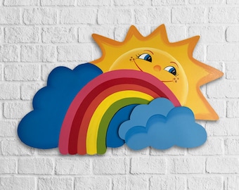 Sol y arcoíris de madera pintados a mano, decoración de pared para habitación infantil