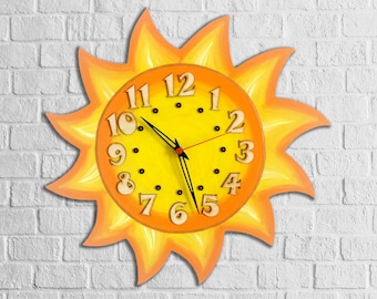 Reloj de pared infantil de madera pintado a mano SOL - Regalo infantil - silencioso