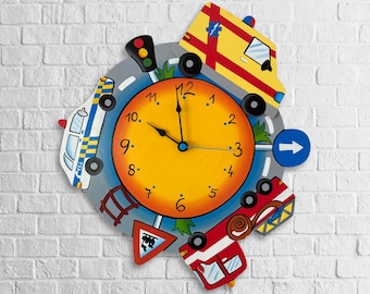 Kids colorful hand-painted wooden wall clock with Emergency Cars - Children's Gift - silent