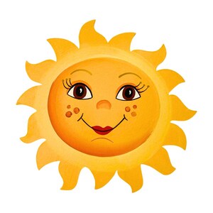 Puede incluir: Un sol de dibujos animados con una cara sonriente, ojos marrones y pecas. El sol es amarillo con rayos naranjas.