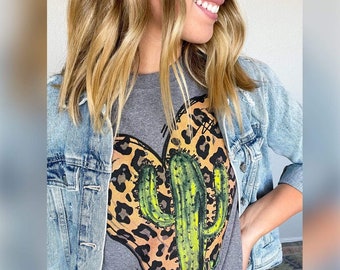 Leopard Heart Cactus Graphic Tee, Southern Arrow Shirts, Cactus Lover TShirt, Country Shirt, Cowgirl Shirt, Cactus T-Shirt, Best Seller