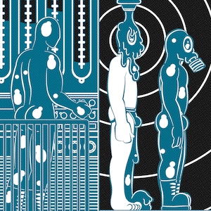 May include: A black and white illustration of a drone factory with three figures. The figures are in various stages of production. The text "DRONE FACTORY" is at the bottom of the image.