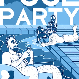 Può includere: Due uomini a una festa in piscina. Uno è seduto su un anello gonfiabile blu e guarda il telefono. L'altro uomo è sdraiato sul bordo della piscina, con un cappello e occhiali da sole. Il testo "POOL PARTY" è in cima all'immagine.