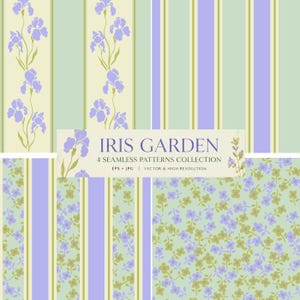 Peut inclure: Une collection de quatre motifs numériques sans couture présentant des fleurs d'iris violet clair et de petits motifs floraux sur des fonds vert pâle et crème avec des rayures verticales. Le texte central indique IRIS GARDEN 4 SEAMLESS PATTERNS COLLECTION.