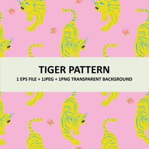 Peut inclure: Un motif répétitif représentant des tigres jaunes avec des rayures bleues sur un fond rose clair, parsemé de petites fleurs orange. Le texte TIGER PATTERN 1 EPS FILE + 1JPEG + 1PNG TRANSPARENT BACKGROUND est centré sur une bannière beige clair.