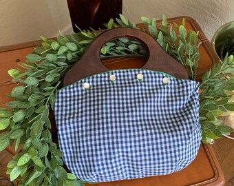 Vintage Bermuda Wooden Handled Bag Purse with Reversible Blue Gingham Cover