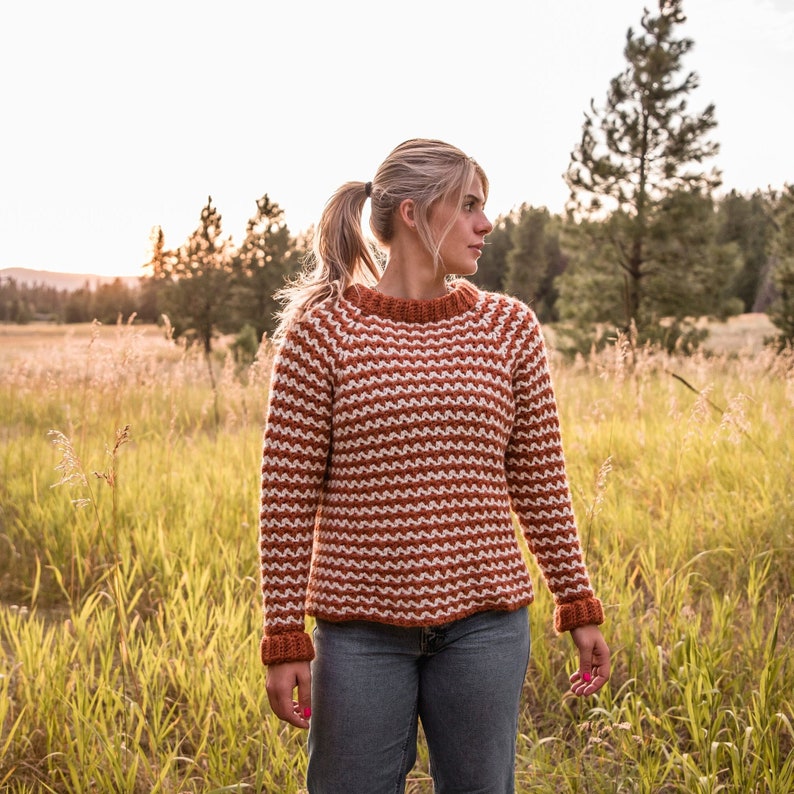 Prescott Pullover Crochet Pattern PDF Striped Sweater Raglan Top Down Easy Beginner Crochet Sweater Crochet Ribbed Sweater image 1