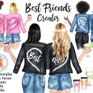 Melhores amigos Clipart Melhores amigos jaquetas BFF Clipart Soul Sisters Clipart Amigos Clipart Penteados aquarela personalizados Besties Clipart