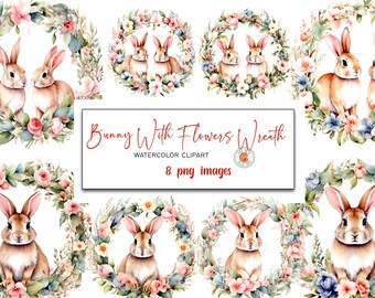 Bunny With Flowers Wreath clipart, Watercolor Bunny With Flowers Wreath in PNG format, Watercolor Bunny With Flowers Wreath Clipart Bundle