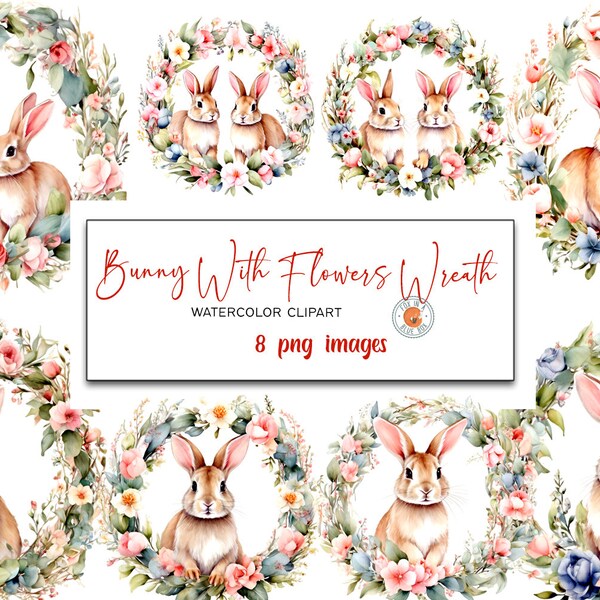 Bunny With Flowers Wreath clipart, Watercolor Bunny With Flowers Wreath in PNG format, Watercolor Bunny With Flowers Wreath Clipart Bundle