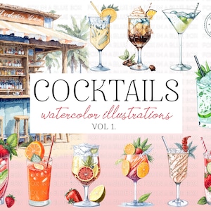 Cócteles de acuarela, imágenes prediseñadas de cócteles, bebidas de acuarela, bebidas exclusivas, cócteles exclusivos, signo de barra de boda