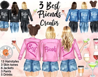 3 GIRLS Best Friends Clipart Best Friends Jackets BFF Clipart Soul Sisters Clipart Friends Clipart Watercolor Hairstyles Custom Besties