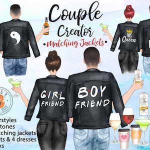 カップルマッチングジャケット クリエイターカップルクリップアート カスタム男性と女性の親友クリップアート ソウルシスターズクリップアート 水彩ヘアスタイル