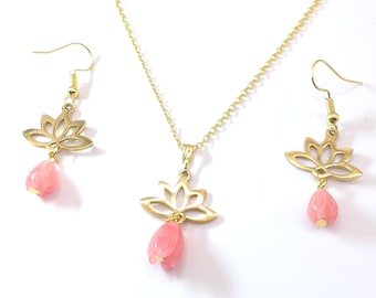Gold Lotus Flower Jewelry Set: Coral Bead Necklace & Earrings