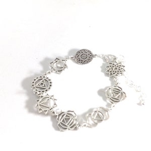 Silver 7 Chakra Symbol Bracelet: Adjustable Healing Jewelry