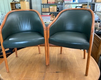 Mid Century Chairs Set of 2 Green Leather
