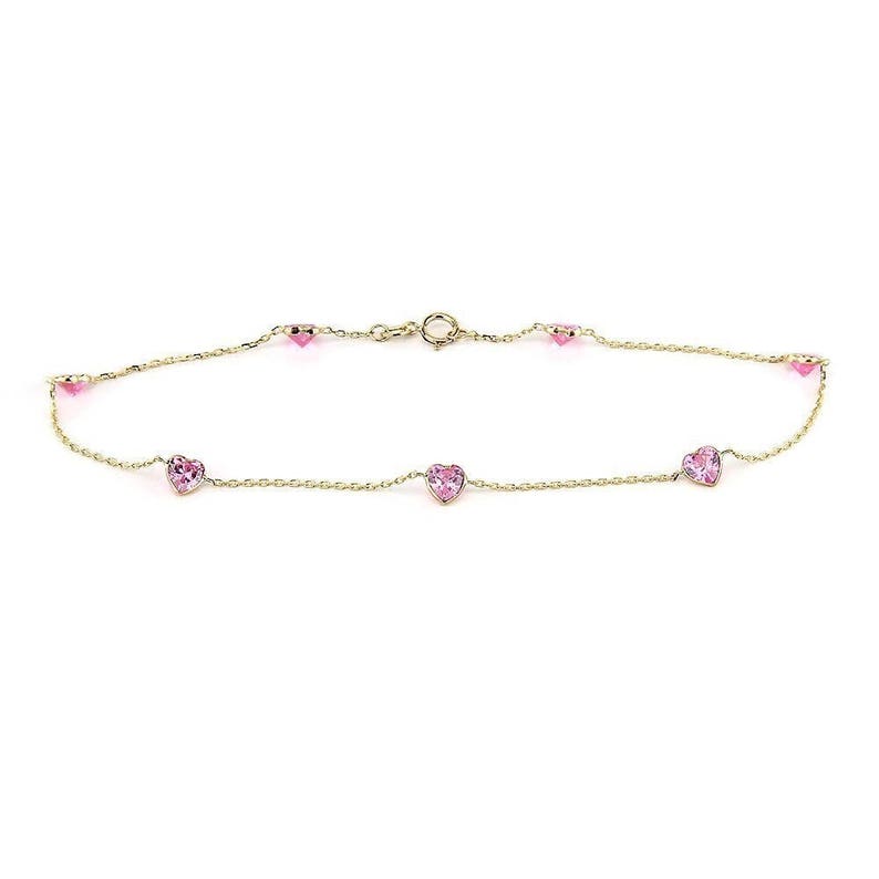 14k Yellow Gold Anklet With 5 MM Pink Heart Shaped Cubic Zirconia By the Yard 9-11 inches