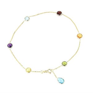14K Yellow Gold Gemstone Anklet Bracelet With A Blue Topaz Drop 9 -11 Inches