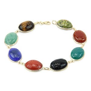 14k Yellow Gold Scarab Bracelet With Large Oval Shape Gemstones 7 - 8.5 Inches