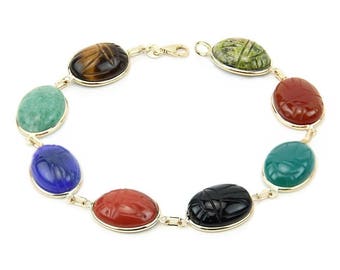 14k Yellow Gold Scarab Bracelet With Large Oval Shape Gemstones 7 - 8.5 Inches