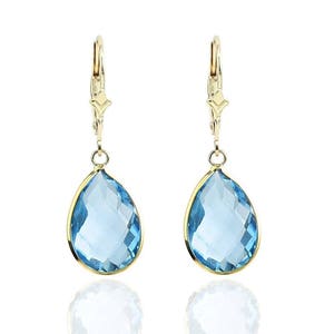 14K Yellow Gold Handmade Gemstone Earrings With Dangling Pear Shape Blue Topaz