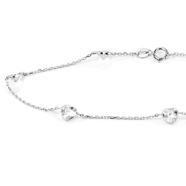 14k White Gold Anklet Bracelet With 5mm Heart Shaped Cubic Etsy
