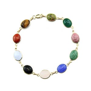 14k Yellow Gold Scarab Bracelet with Small Oval Gemstones 7 - 8.5 Inches