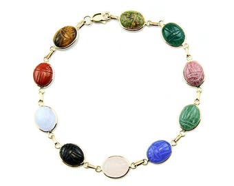 14k Yellow Gold Scarab Bracelet with Small Oval Gemstones 7 - 8.5 Inches