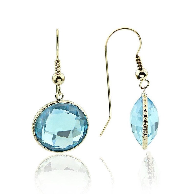 14K Yellow Gold Handmade Gemstone Earrings With 16 MM Round Blue Topaz Gemstones