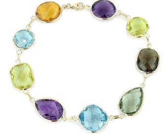 14K Yellow Gold Link Bracelet With Large Gemstone Stations 7 - 8 Inches