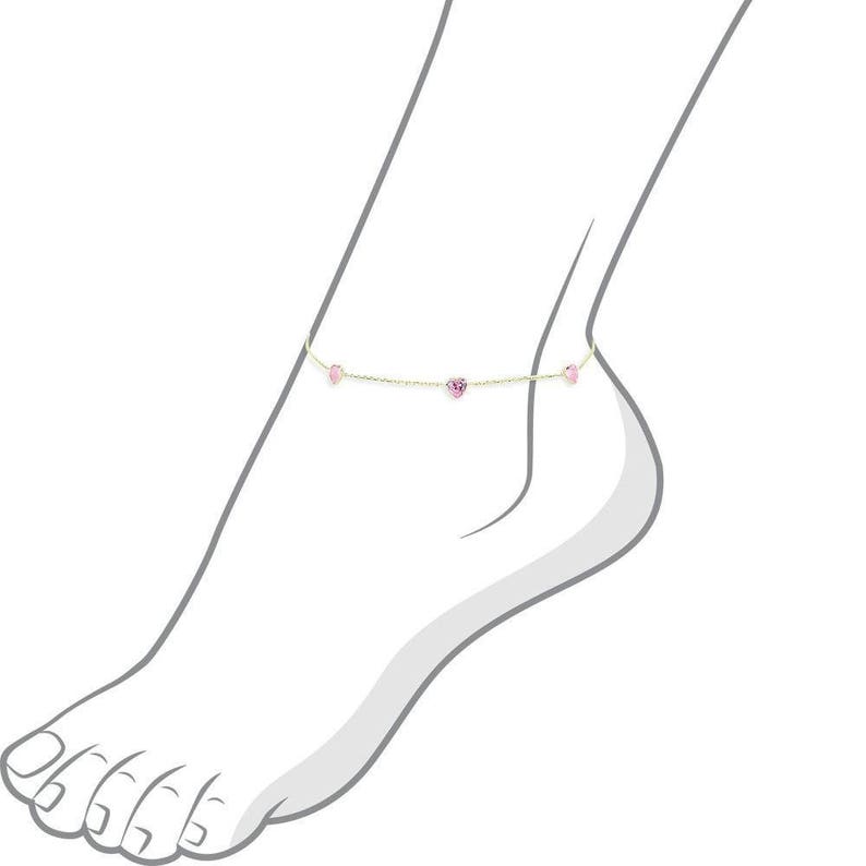 14k Yellow Gold Anklet With 5 MM Pink Heart Shaped Cubic Zirconia By the Yard 9-11 inches