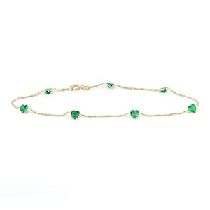 14k Yellow Gold Station Bracelet With 5 MM Emerald Green Heart Cubic Zirconia By the Yard 7-8 inch