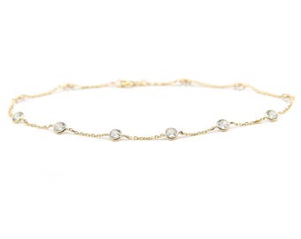 14k Yellow Gold Station Ankle Bracelet With Cubic Zirconia By the Yard