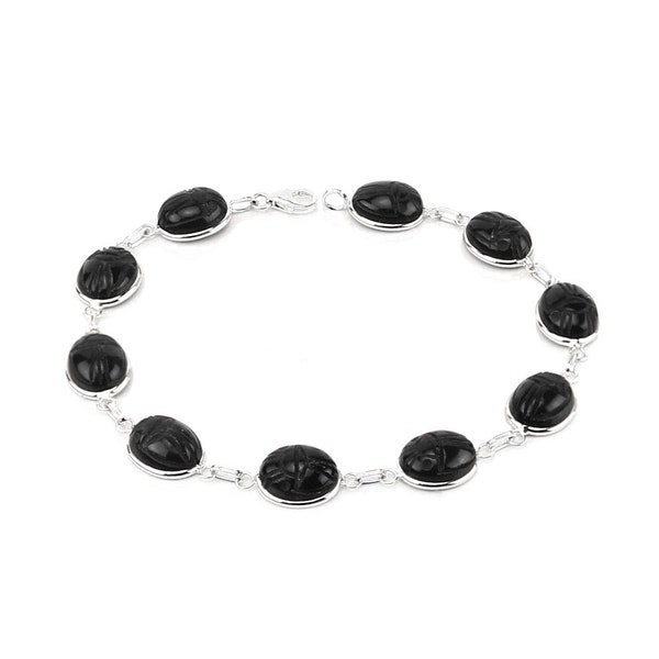 14K White Gold Scarab Bracelet With Black Onyx Gemstones