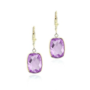 14K Yellow Gold Handmade Gemstone Earrings With Dangling Cushion Cut Amethyst