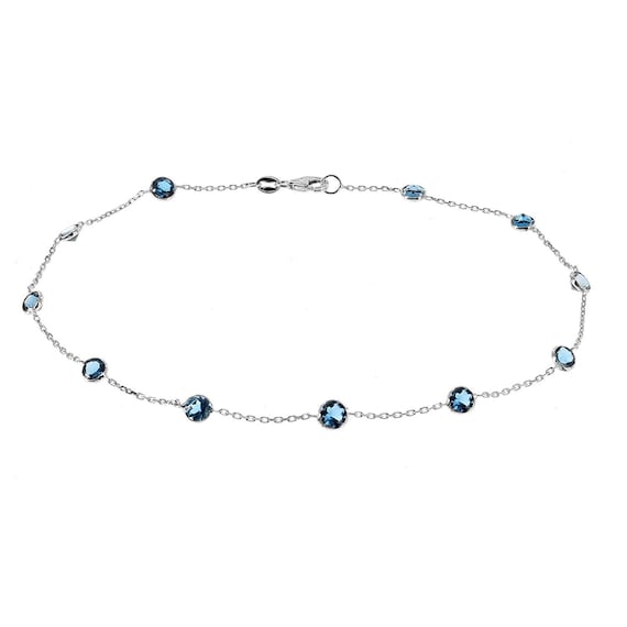 14k White Gold Handmade Station Anklet With London Blue Topaz Gemstones By the Yard 9 11 Inches