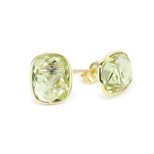 14k Yellow Gold Stud Earrings With Cushion Cut Lemon Quartz - Gemstone Studs
