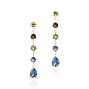 14k Yellow Gold Gemstone Earrings with Round and Pear Shaped Stations