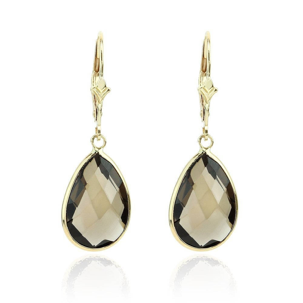 14K Yellow Gold Gemstone Earrings With Dangling Pear Shaped Smoky Quartz