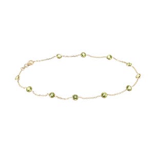 14k Yellow Gold Handmade Station Anklet With Peridot Gemstones By the Yard 9 - 11 Inches