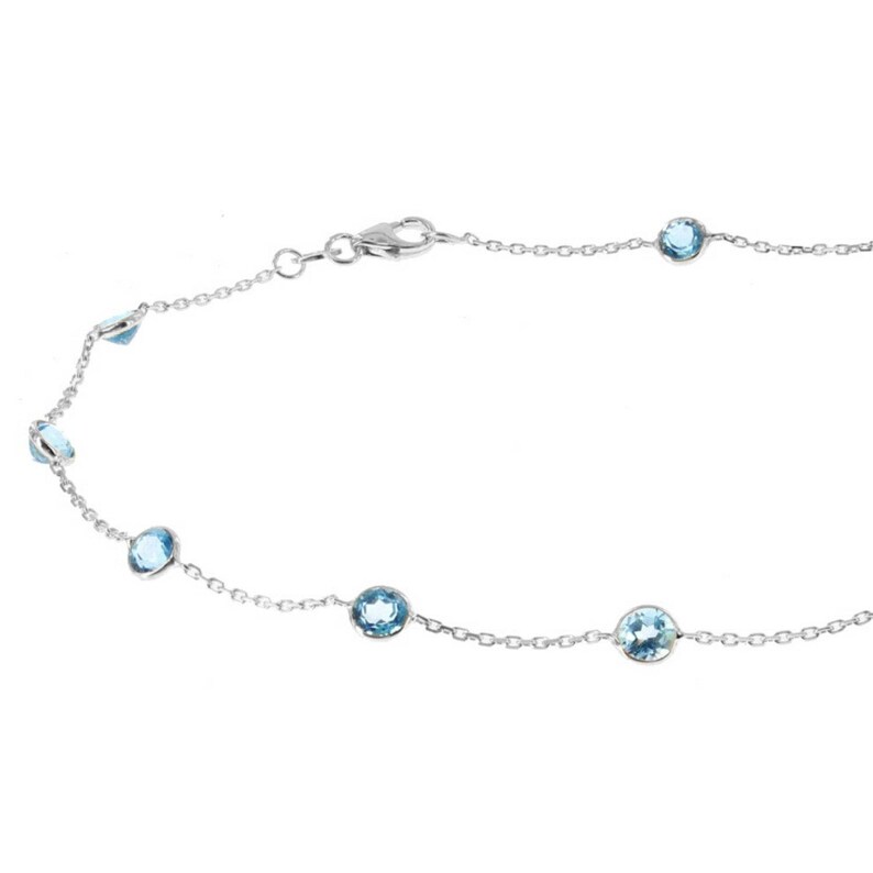 14k White Gold Handmade Station Ankle Bracelet With Round Blue Topaz Gemstones By the Yard