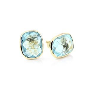 14k Yellow Gold Stud Earrings With Cushion Cut Blue Topaz - Gemstone Studs