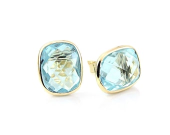 14k Yellow Gold Stud Earrings With Cushion Cut Blue Topaz - Gemstone Studs