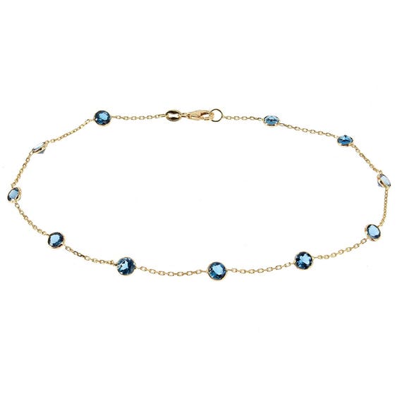 14k Yellow Gold Station Bracelet With London Blue Topaz Gemstones By the Yard 7 - 8.5 Inch
