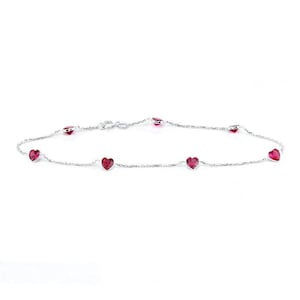 14k White Gold Anklet With 5 MM Ruby Red Heart Shaped Cubic Zirconia By the Yard 9 - 11 inches