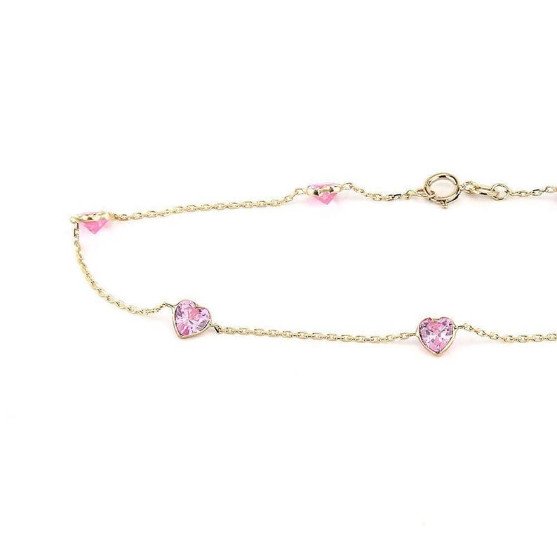 14k Yellow Gold Anklet With 5 MM Pink Heart Shaped Cubic Zirconia By the Yard 9-11 inches