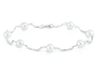 14K White Gold Tin Cup Ankle Bracelet With Cultured Freshwater Pearls By The Yard 9 - 11 Inch